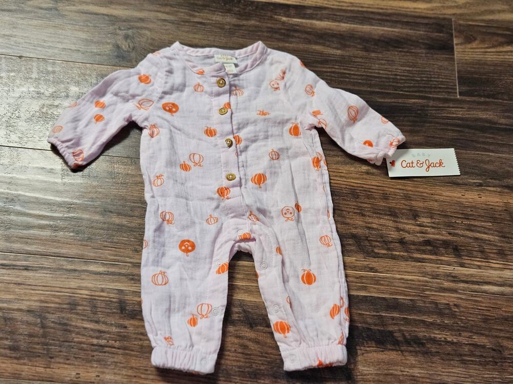Cat & Jack Halloween Long Sleeve Pink Gauze Pumpkin Romper -NB